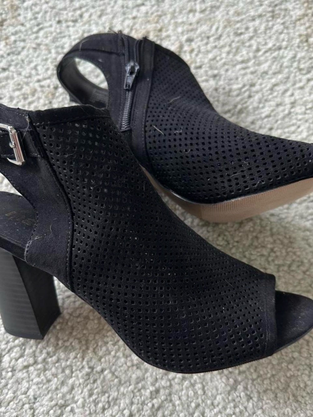 Women's Black Perforated Peep-Toe Block Heels- SIZE 8